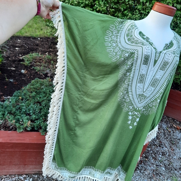 Bohemian Fringe Tribal Print Midi Length Poncho Caftan Kimono Cover Up NEW OS - Picture 12 of 13